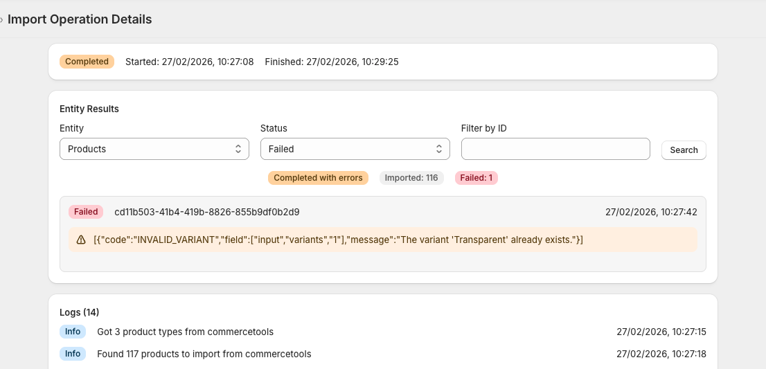 Import results showing one failed product because the Transparent variant already exists