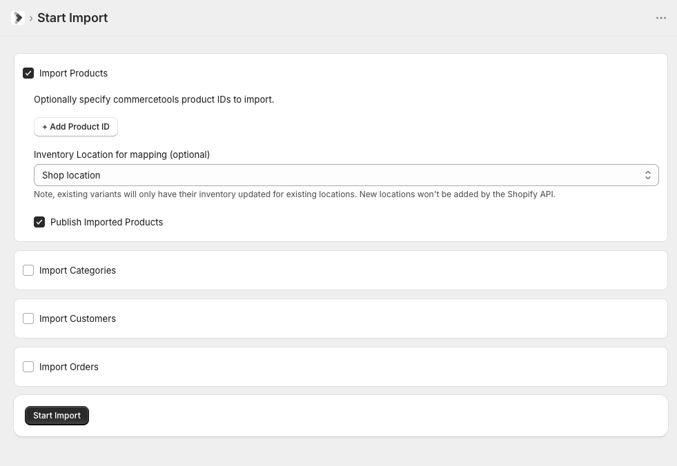 Start Import settings for products, categories, customers and orders, with inventory and publishing options