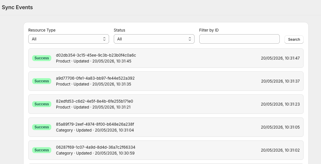 Sync events showing successful product and category updates, with resource type, status and ID filters