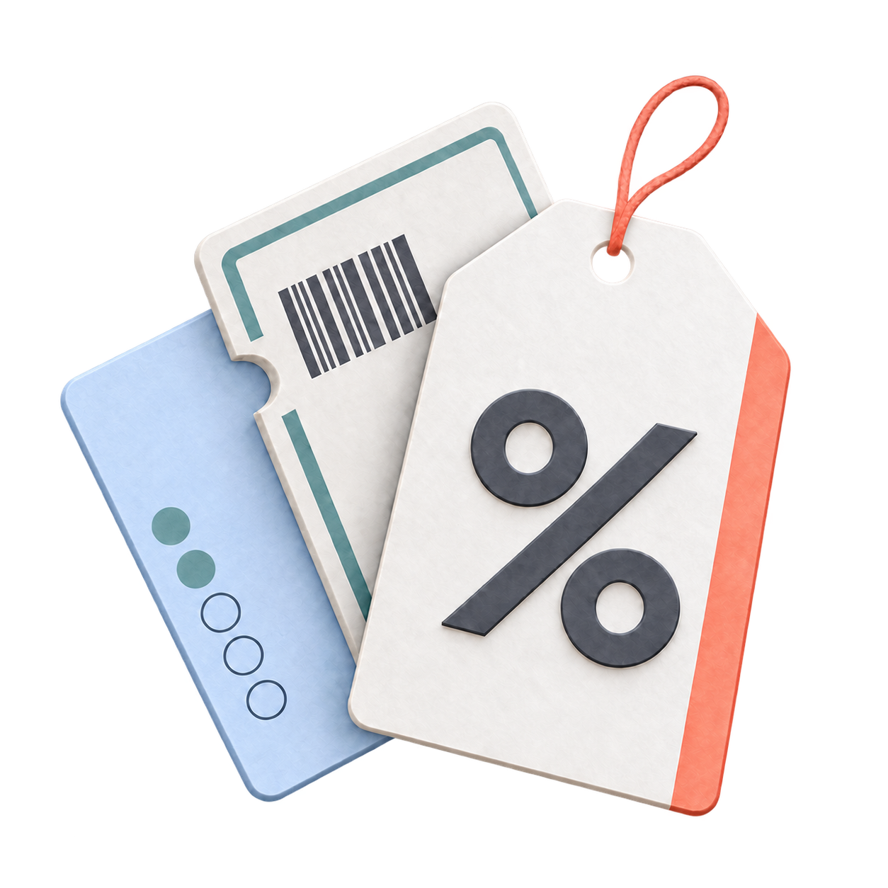Paper percentage price tag, coupon and blue loyalty card with stamp circles